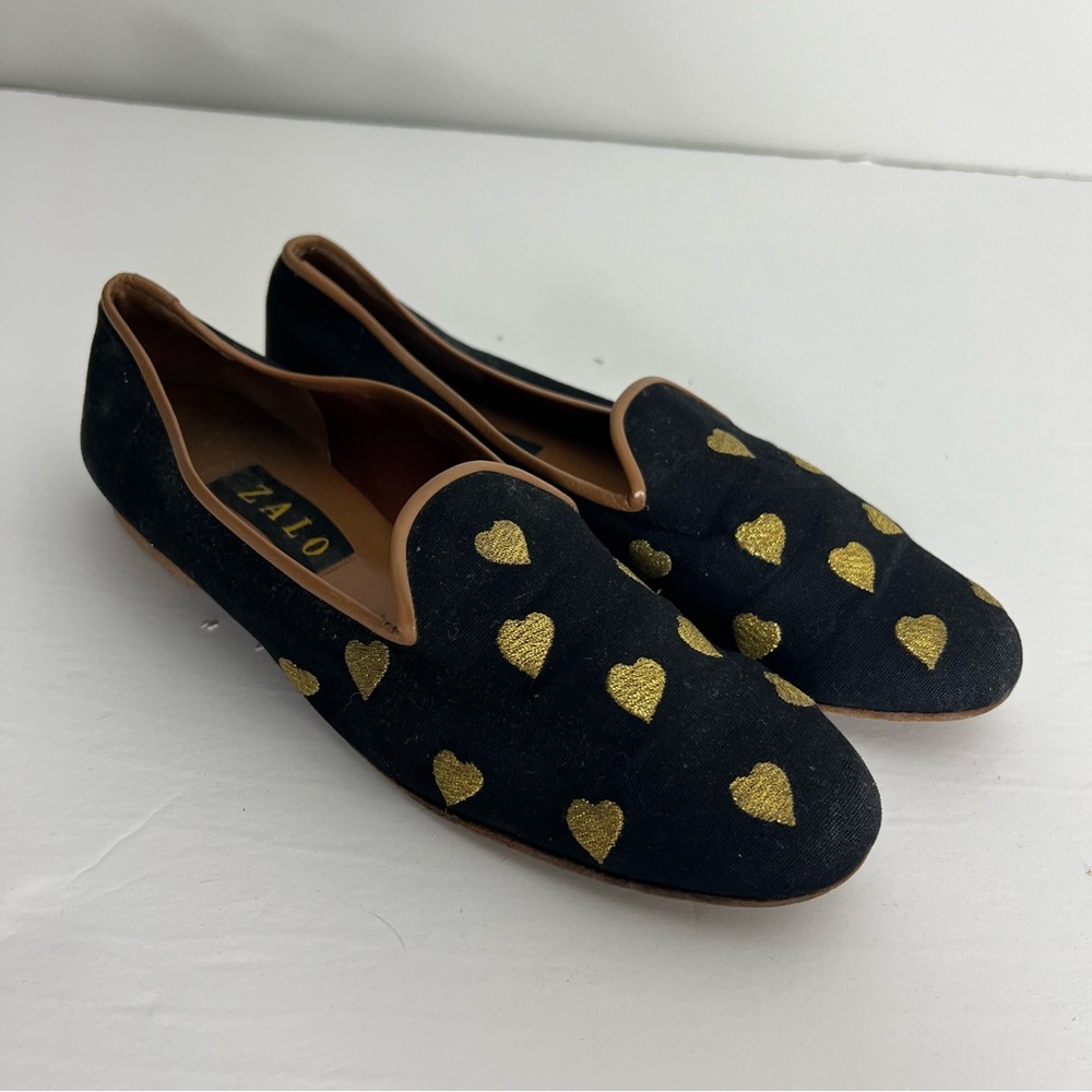 Zalo Smoking Slippers Loafers Flats Black Gold Hearts Size 10 - Picture 10 of 12